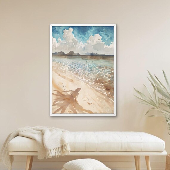 Tropical Beach Watercolor Shoreline Waves Island Hills Wall Poster