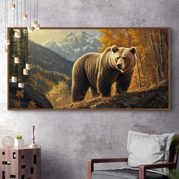 Grizzly Bear In Autumn Mountain Forest Snowy Peaks Wildlife Panoramic Print
