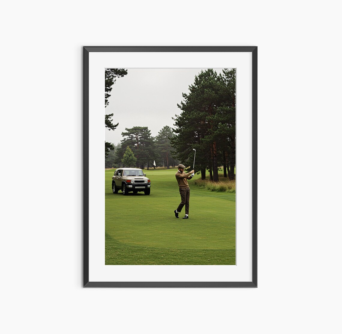 Golfer Mid Swing On Misty Fairway Pine Trees Classic Golf Course Poster
