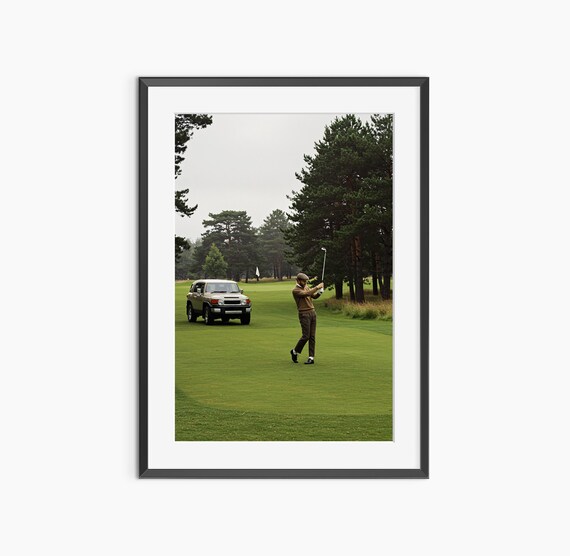 Golfer Mid Swing On Misty Fairway Pine Trees Classic Golf Course Poster