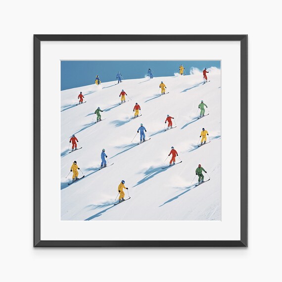 Skiers In Bright Colors Racing Down Snowy Slope Winter Sports Poster