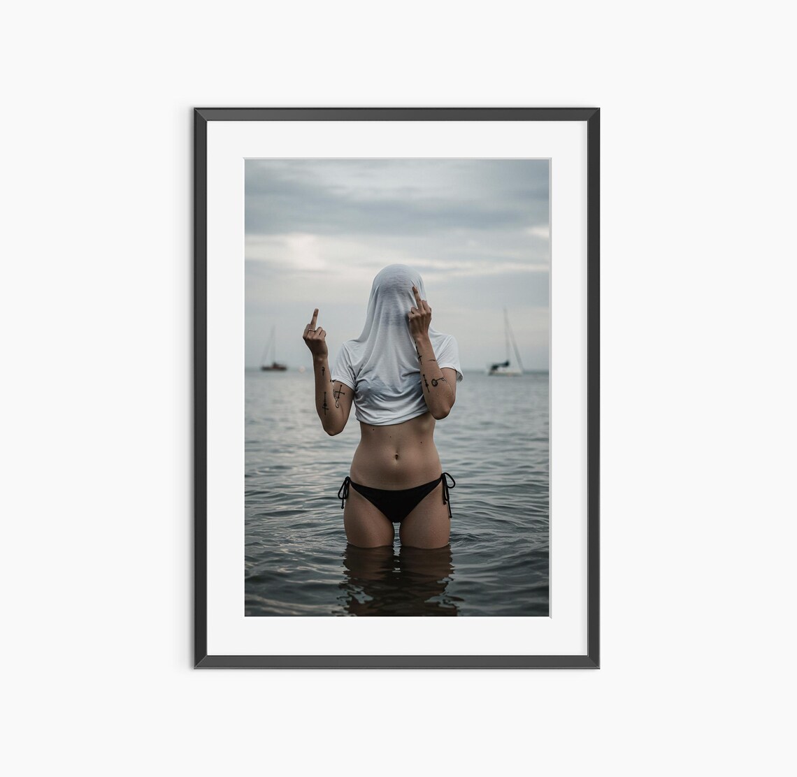 Woman Flipping Middle Fingers Standing in Ocean Moody Rebel Photography Poster