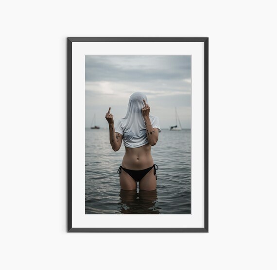 Woman Flipping Middle Fingers Standing in Ocean Moody Rebel Photography Poster