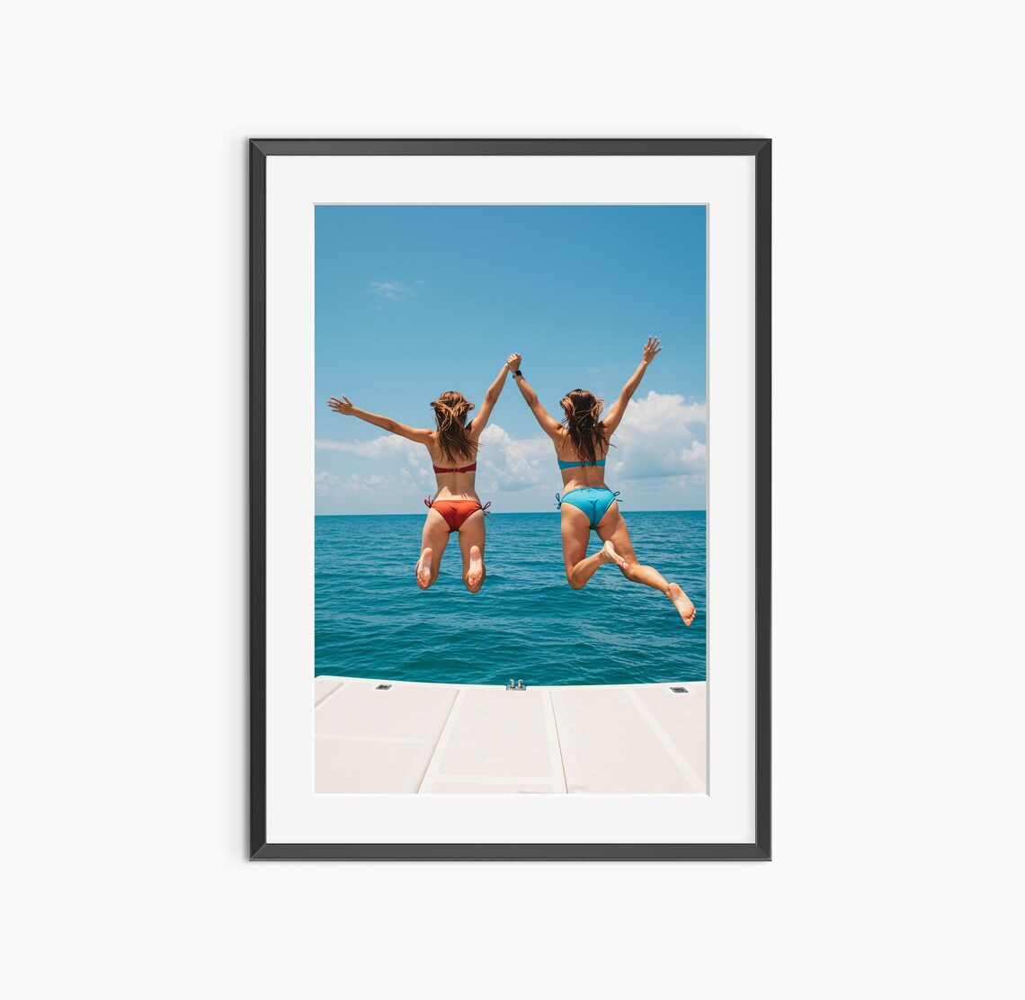 Two Friends Jumping Into Ocean Joyful Summer Beach Freedom Photo Poster