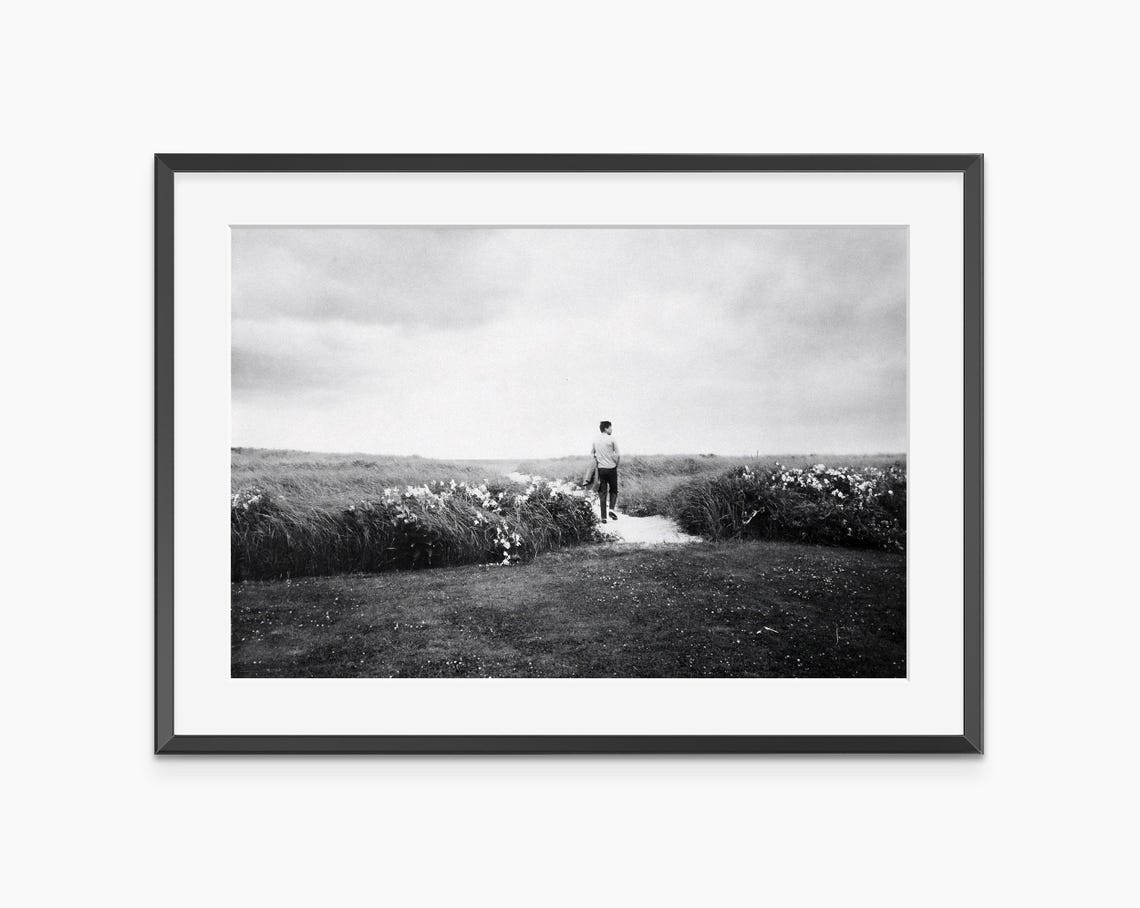 Black and White Coastal Dune Path Solitary Figure Photography Poster