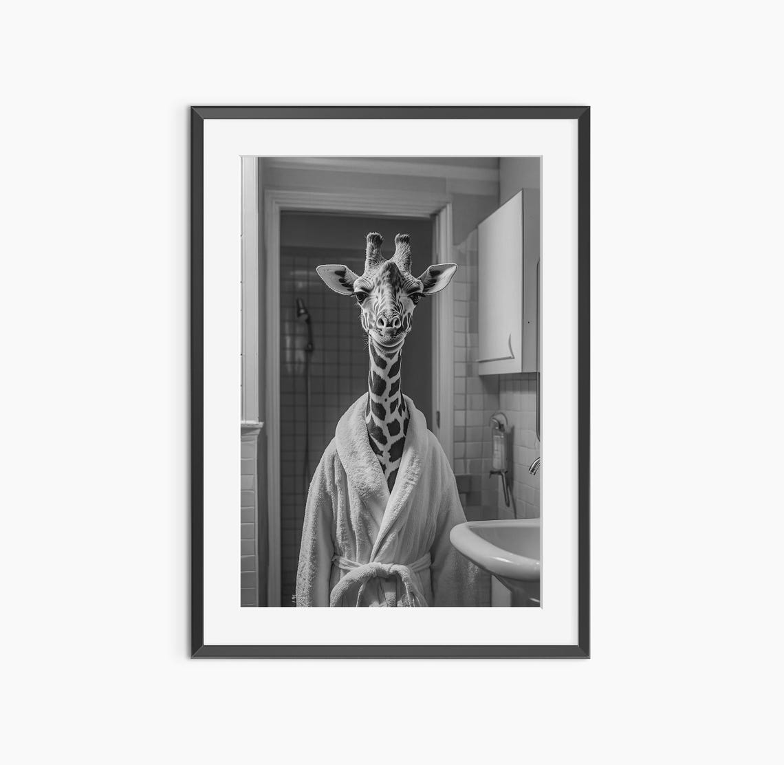 Giraffe Wearing Bathrobe in Bathroom Funny Black and White Poster