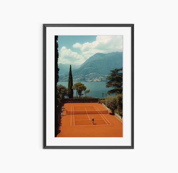 Clay Tennis Court Overlooking Lake Mountains Italian Villa Travel Poster