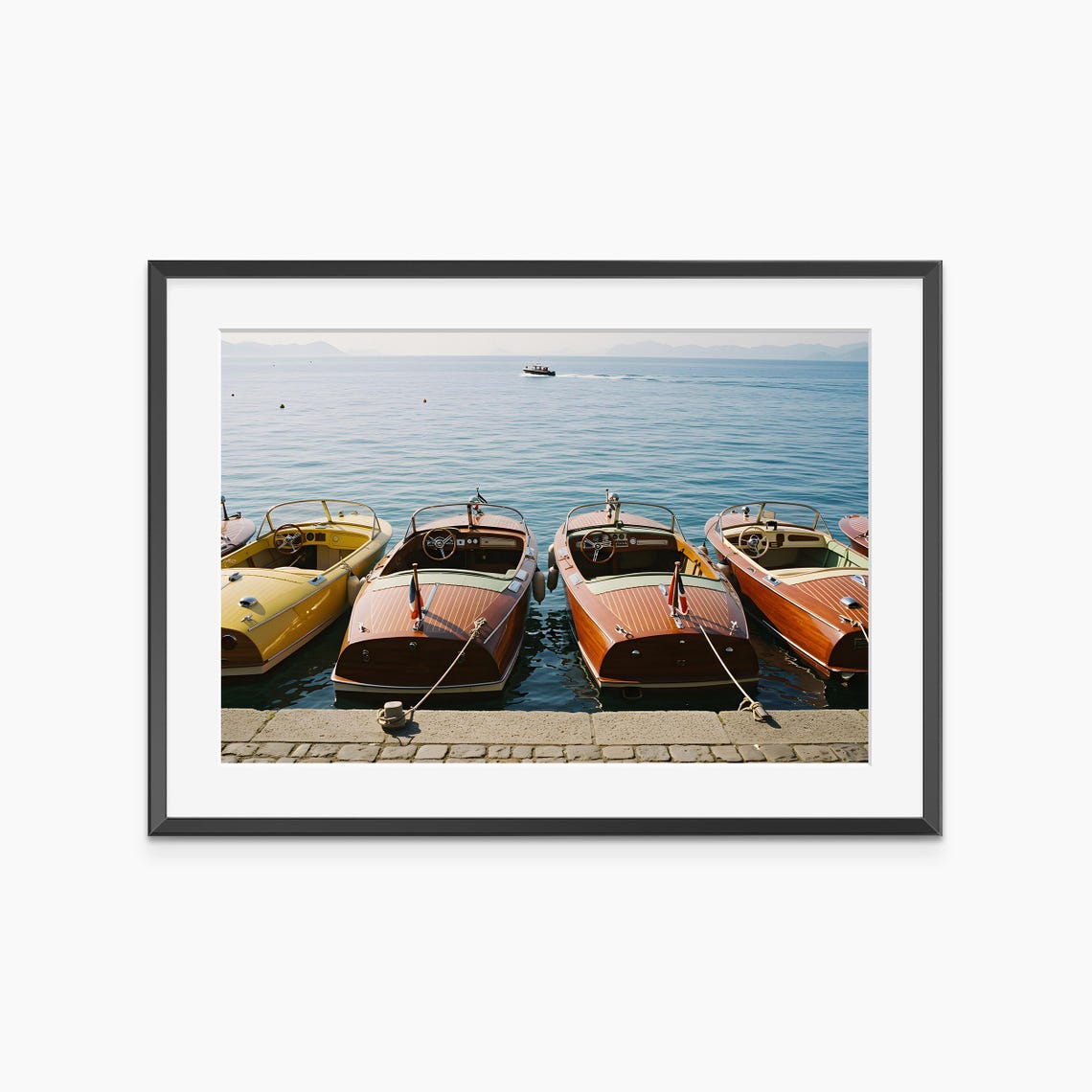 Classic Wooden Speedboats Moored at Sunlit Marina Photography Poster