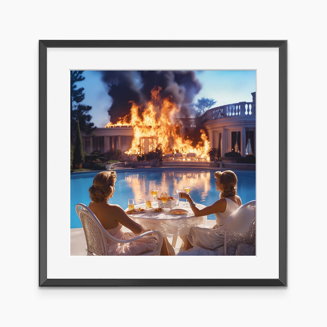 Poolside Cocktails Burning Villa Surreal Retro Fine Art Poster