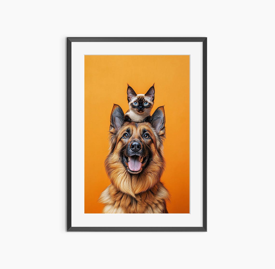 German Shepherd and Siamese Cat Friends Funny Pet Portrait Poster