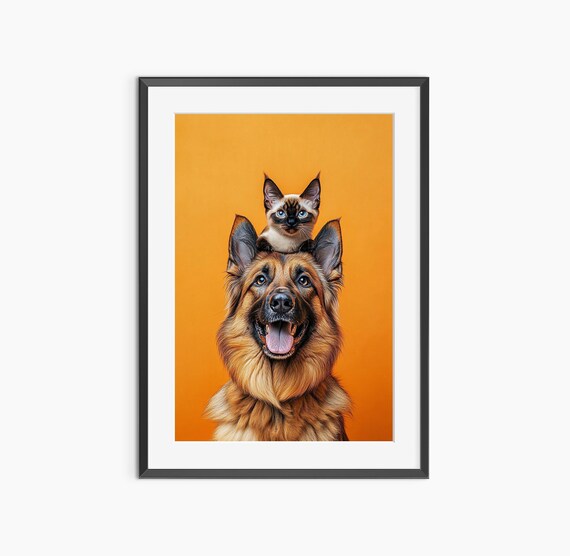 German Shepherd and Siamese Cat Friends Funny Pet Portrait Poster