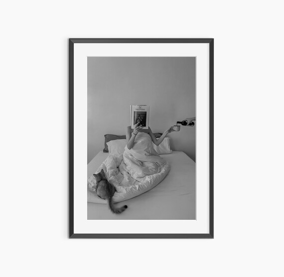 Cozy Morning Woman Reading In Bed Cat Wine Photography Print