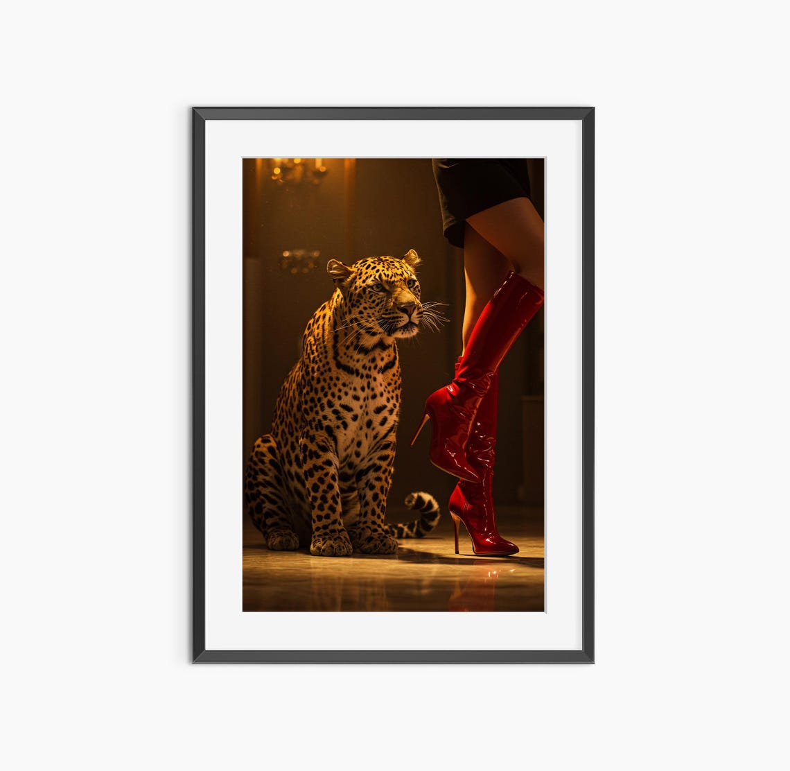 Leopard And Red High Heel Boots Moody Fashion Editorial Art Print
