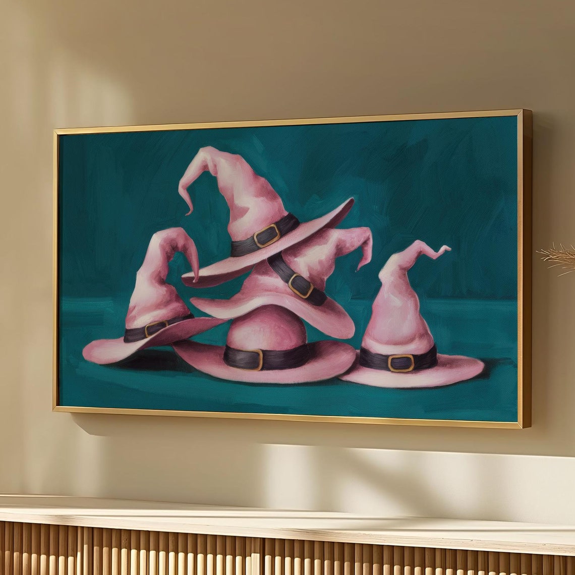 Pink Witch Hats Teal Background Halloween Witchy Painting Art Poster - Image 4