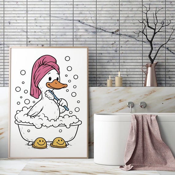 Cute Bathroom Duck Poster Blue Retro Wall Art In Towel Preppy Dorm Decor Funny It Girl