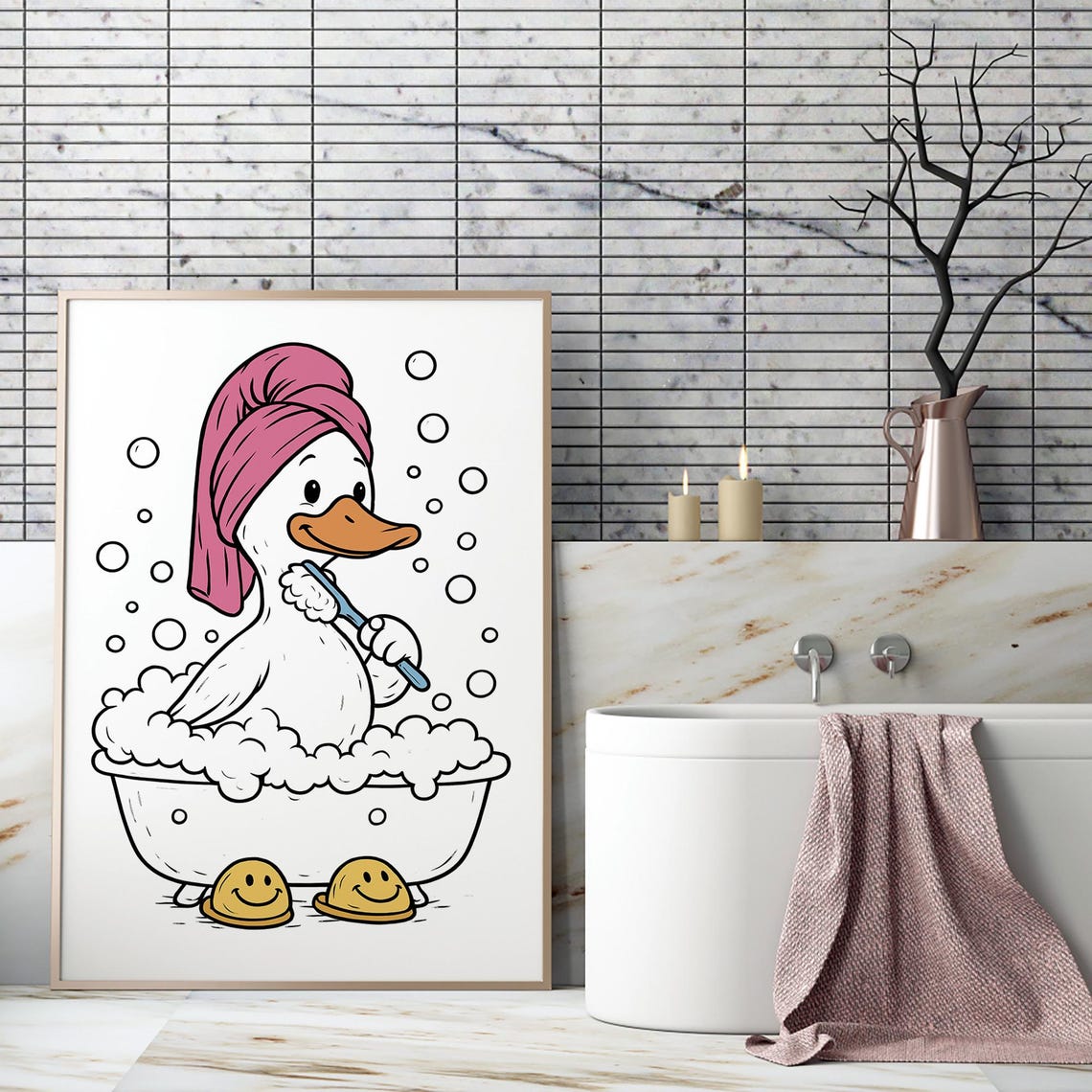 Cute Duck Bubble Bath Pink Towel Turban Funny Bathroom Duck Poster