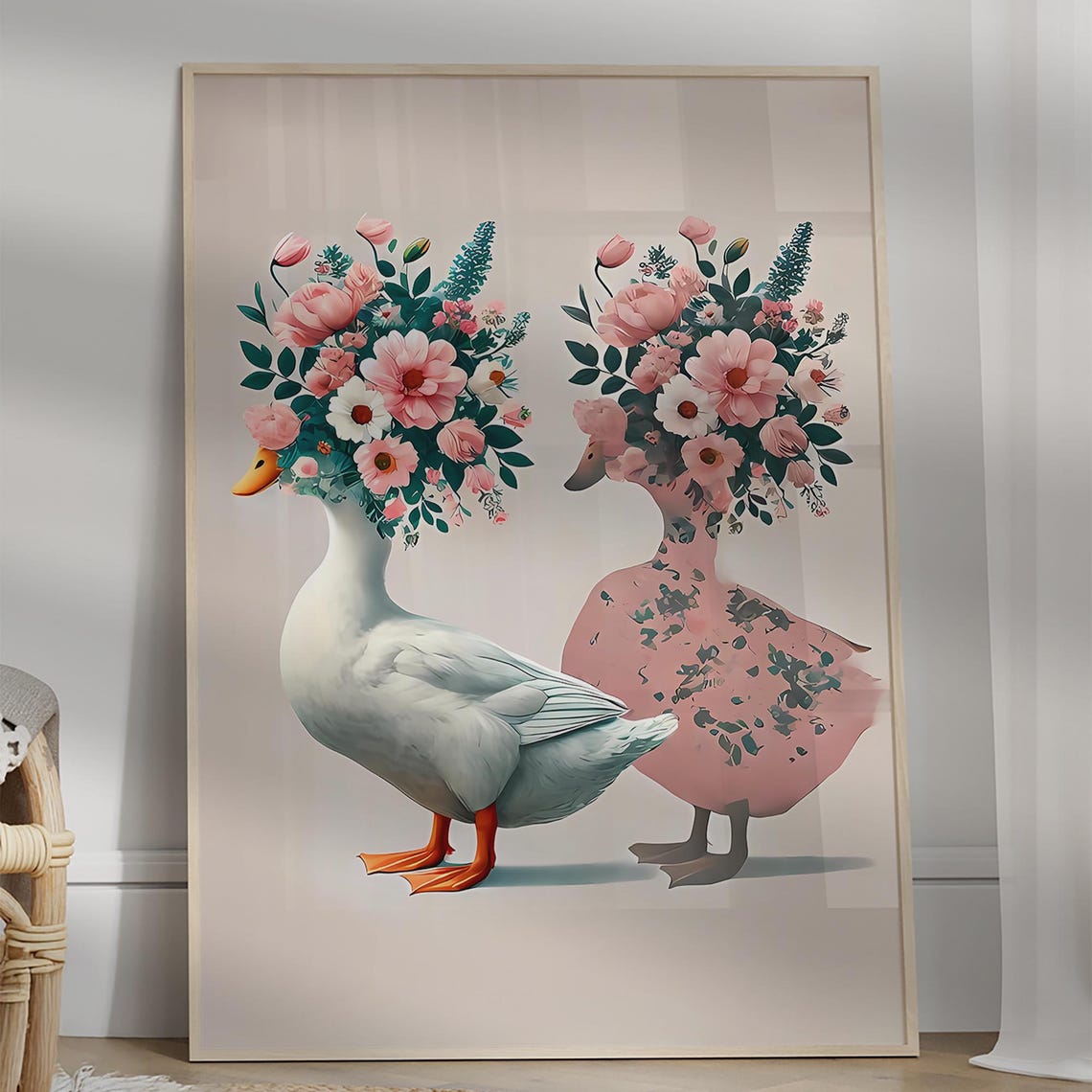 Two Ducks With Pink Floral Bouquet Crowns Botanical Print Decor