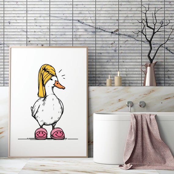 Cute Bathroom Duck Print Pink Yellow Retro Wall Art In Towel Preppy Dorm Decor Funny It Girl Poster