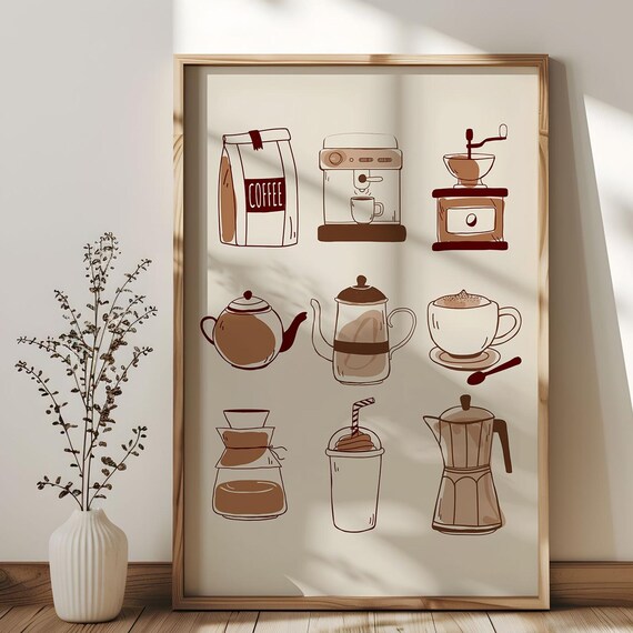 Cozy Coffee Lover Kitchen Decor Illustrated Coffee Bar Art Poster