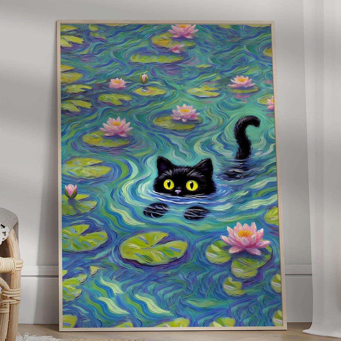 Black Cat Water Lilies Monet Style Funny Swimming Cat Poster