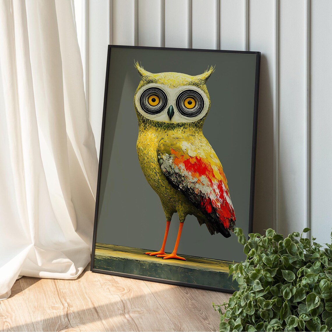 Colorful Owl Oil Painting Poster Maximalist Bird Art Yellow Red Plumage