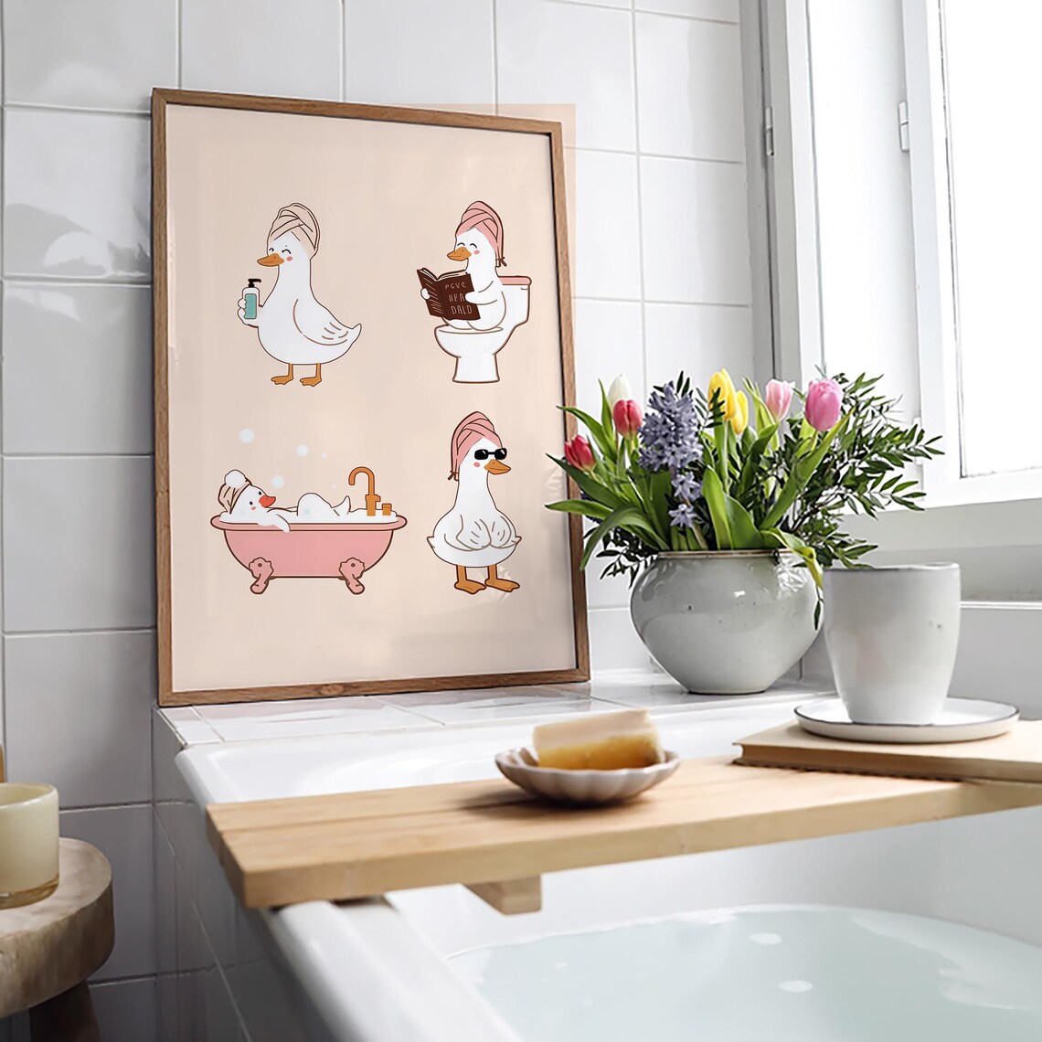 Cute Duck Funny Bathroom Self Care Routine Cartoon Pink Print