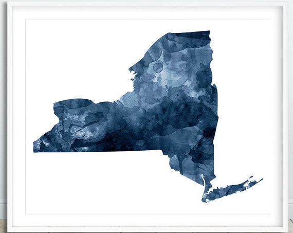 New York State Map Print Navy Blue Watercolor Silhouette Modern Wall Art Usa Poster Home Decor