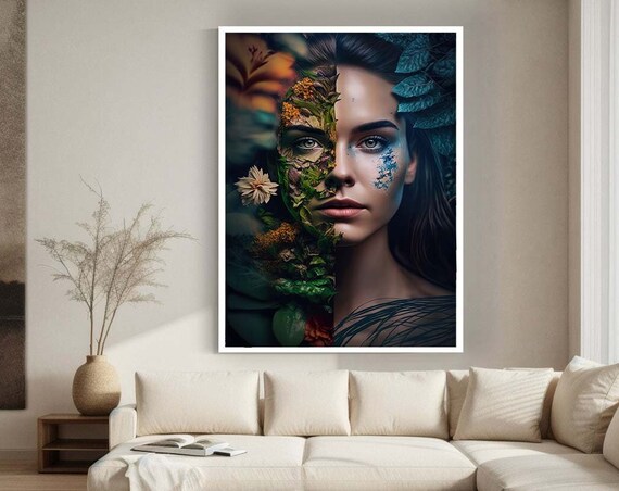 Botanical Split Face Woman Floral Portrait Surreal Nature Art Poster