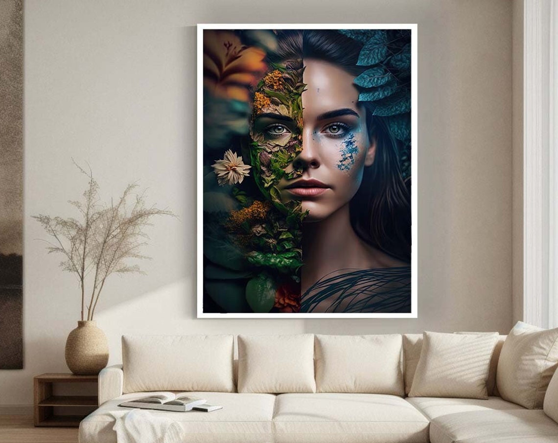 Nature Inspired Woman Portrait Botanical Floral Face Canvas Art Boho Wall Decor Gift For Her