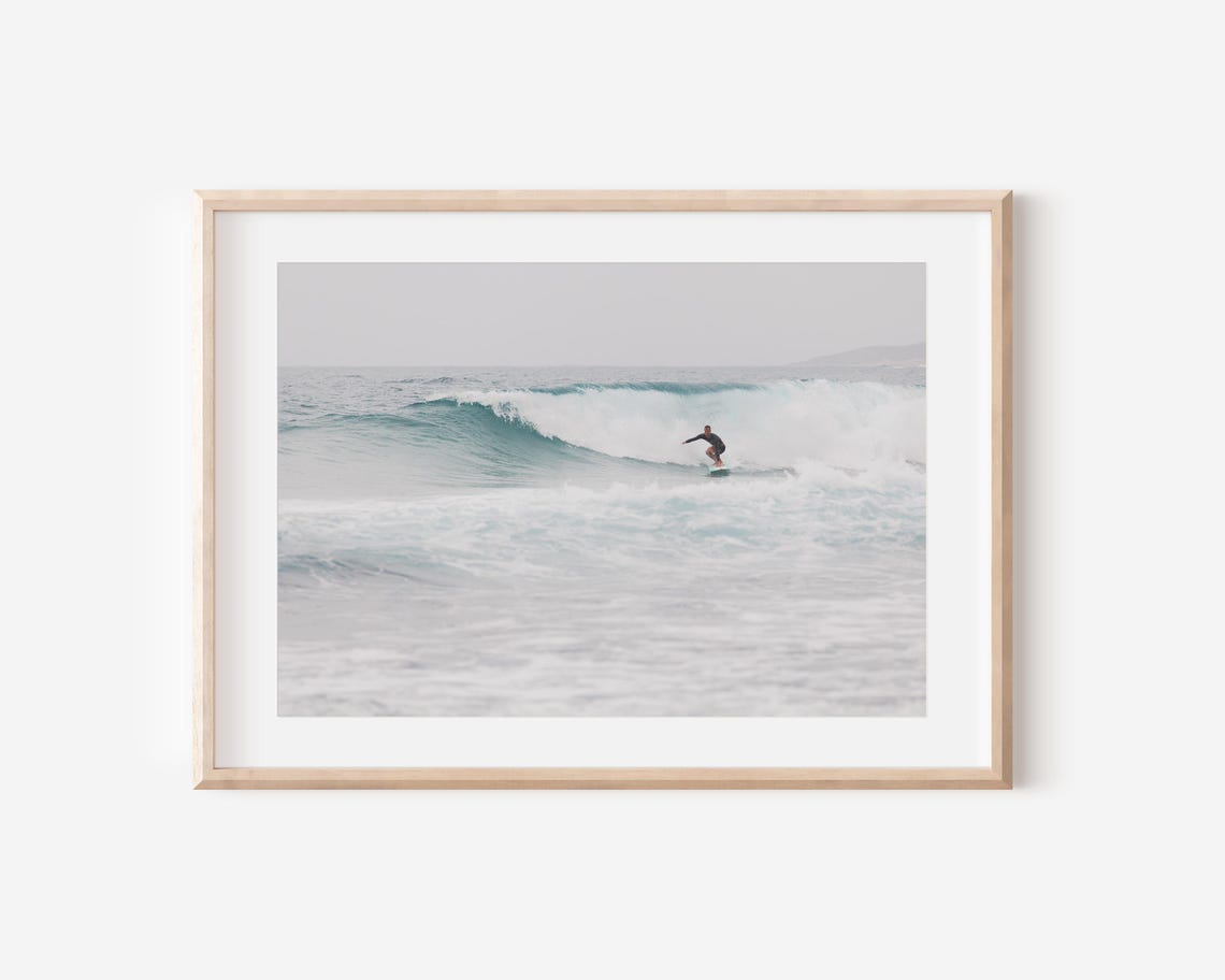 Surfer Riding Ocean Wave Minimalist Coastal Surf Photography Print