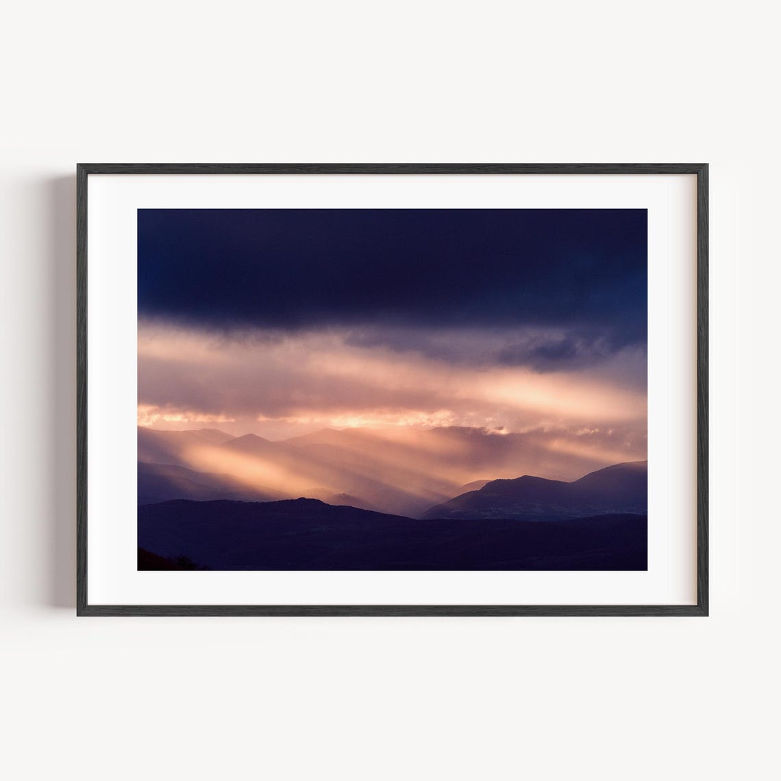 Dramatic Mountain Sunset Light Rays Clouds Silhouette Photo Poster