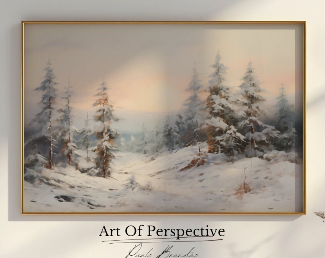 Snowy Pine Forest Winter Landscape Oil Painting Vintage Art Print
