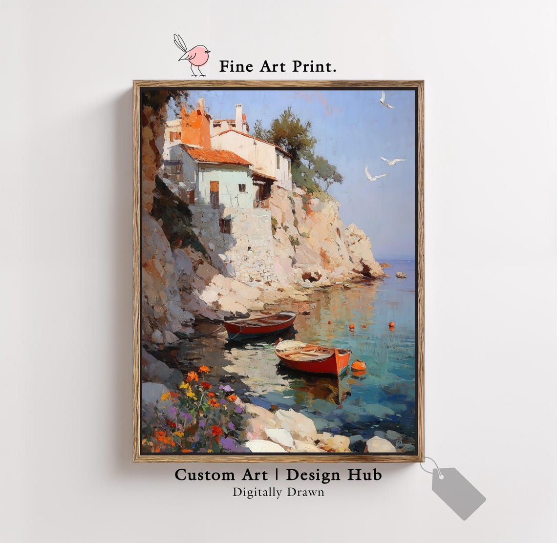 Mediterranean Cliffside Village With Boats Vintage Coastal Art Print