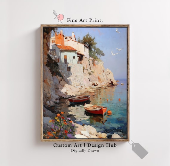 Mediterranean Cliffside Village With Boats Vintage Coastal Art Print