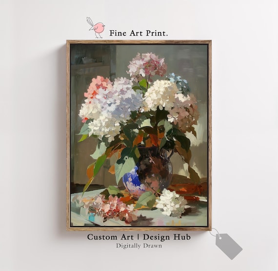 Hydrangea Floral Still Life Print Vintage Vase Oil Style Painting Elegant Botanical Wall Art
