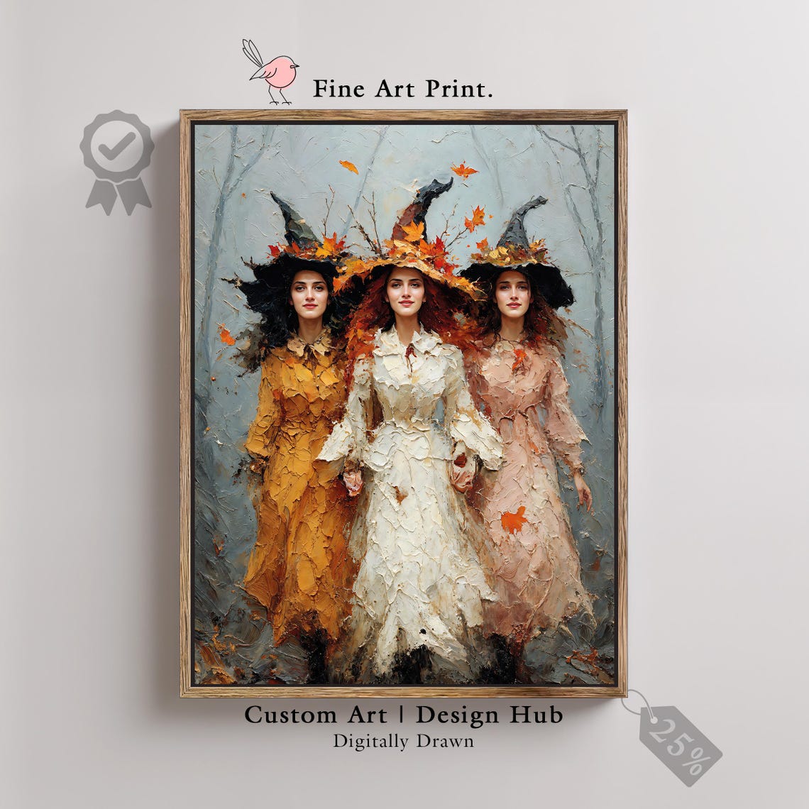 Three Autumn Witches Impasto Oil Style Gothic Halloween Poster