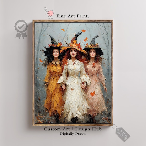 Gothic Witches Halloween Art Print Spooky Autumn Decor
