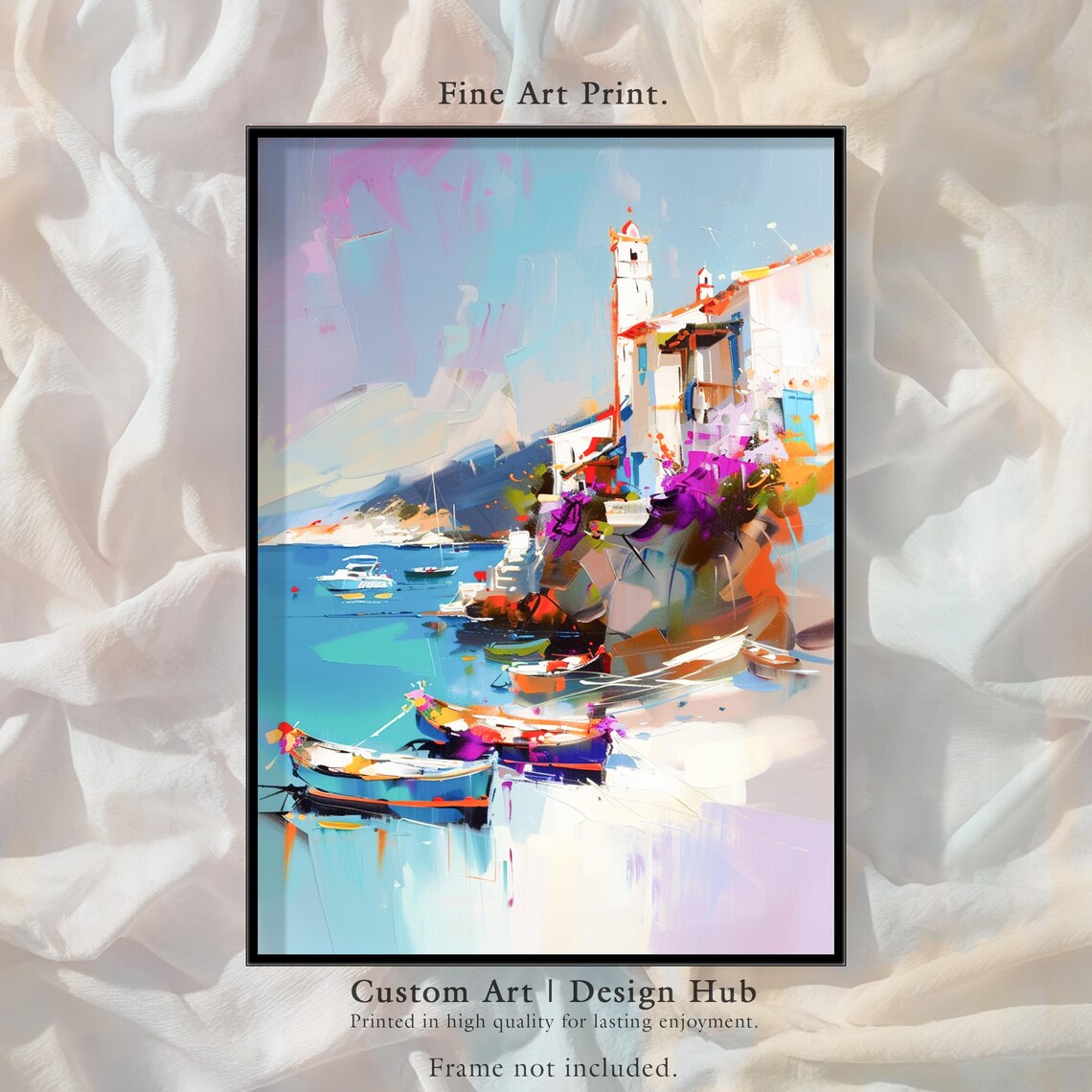 Mediterranean Harbor Boats Poster Colorful Coastal Village Seascape Art