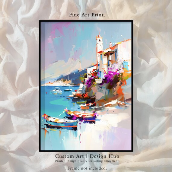 Mediterranean Harbor Boats Poster Colorful Coastal Village Seascape Art