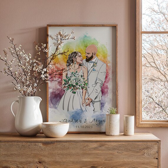 Watercolor Couple Portrait Painting From Photo Wedding Illustration Custom
