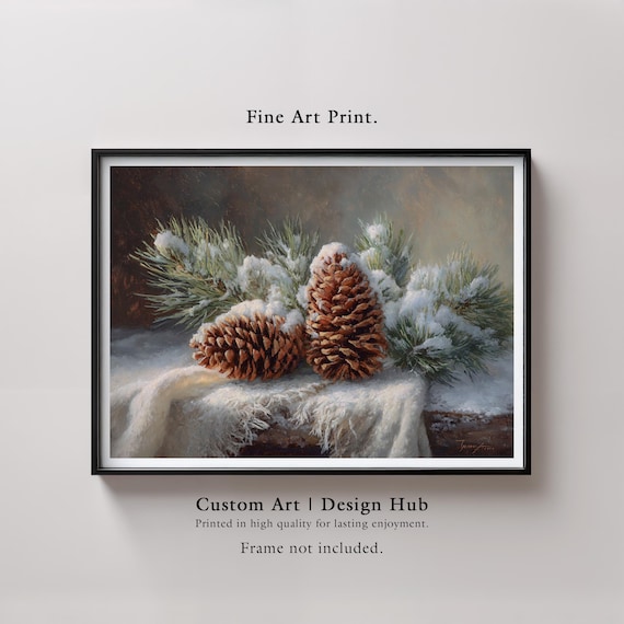 Snowy Pinecones Evergreen Branches Winter Morning Still Life Print