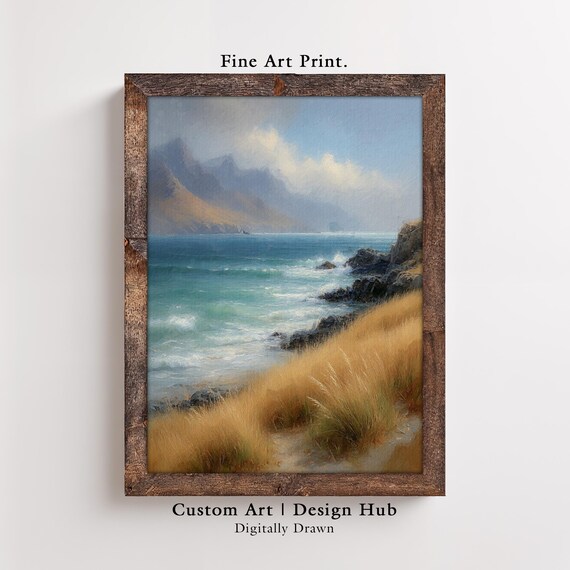 Seaside Mountains Ocean Waves Golden Grass Coastal Fine Art Print