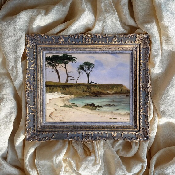 Seaside Cypress Trees Beach Cove Vintage Oil Painting Poster Decor