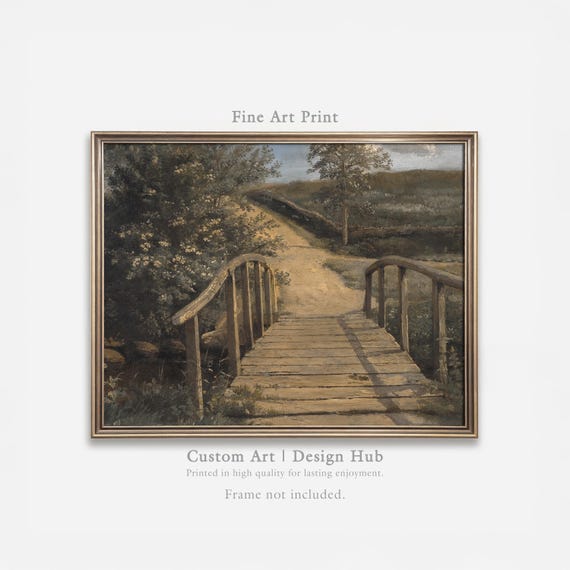 Rustic Wooden Bridge Oil Painting Vintage Landscape Art Print Countryside Path Poster