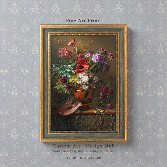 Vintage Floral Still Life Art Print Botanical Bouquet In Vase