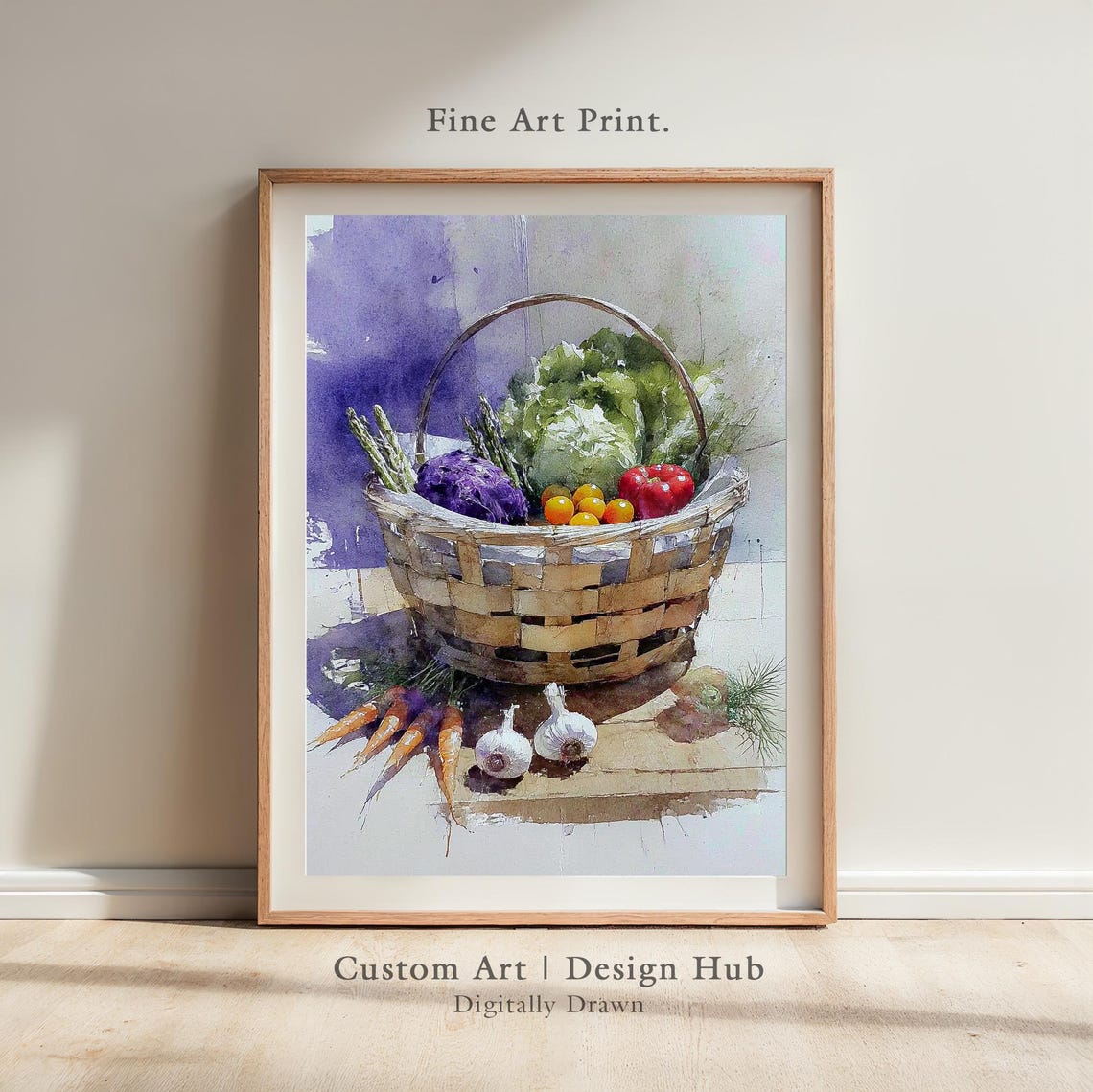 Rustic Watercolor Vegetable Basket Still Life Kitchen Wall Art