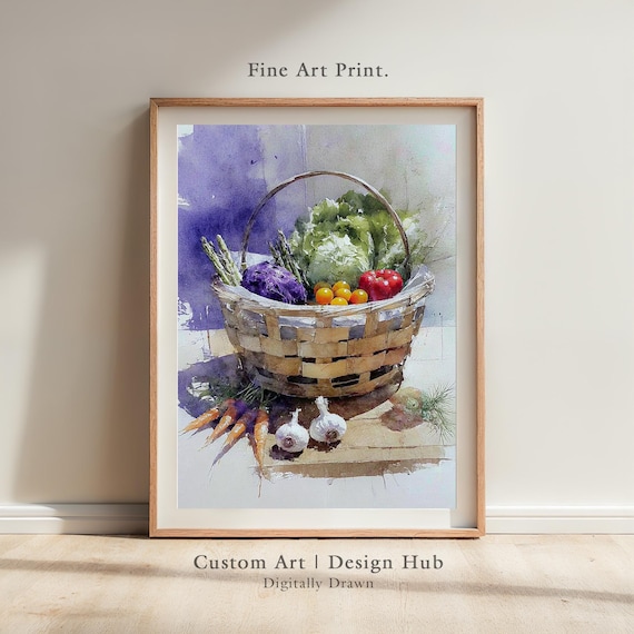 Rustic Watercolor Vegetable Basket Still Life Kitchen Wall Art