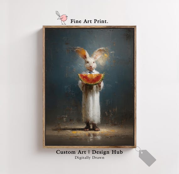 White Rabbit Wall Art With Watermelon Surreal Animal Print Whimsical Fantasy Poster