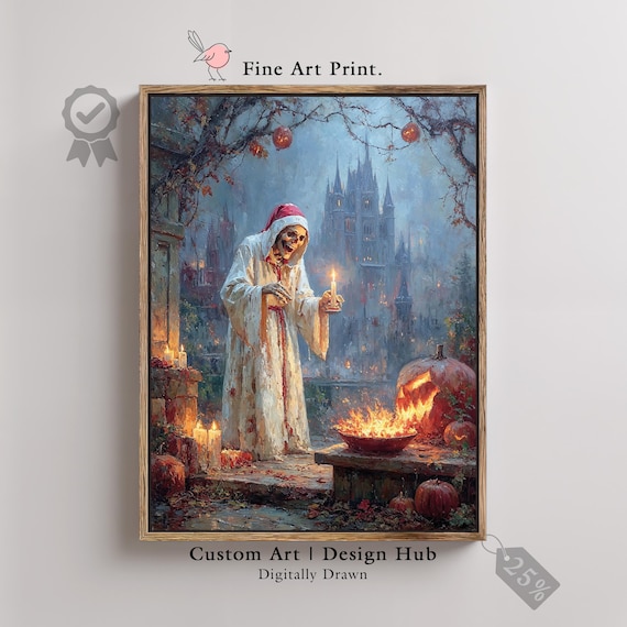 Skeleton Priest Gothic Halloween Art Print Haunted Cathedral Decor