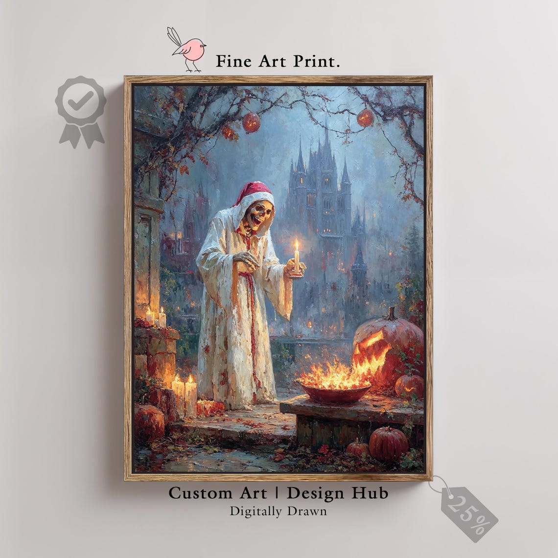 Skeleton Priest with Candle Before Cathedral Gothic Art Print